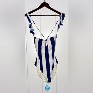 WET Elodie One Piece Swimsuit L‎ Stripe  Ruffle Plunged V Neck Classic Beach NEW
